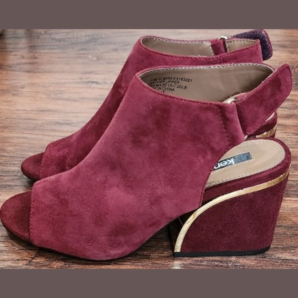 Kensie Elmira Leather Suede Red Wine Womens Size 7.5M 3.5in Block Heel Open Toe